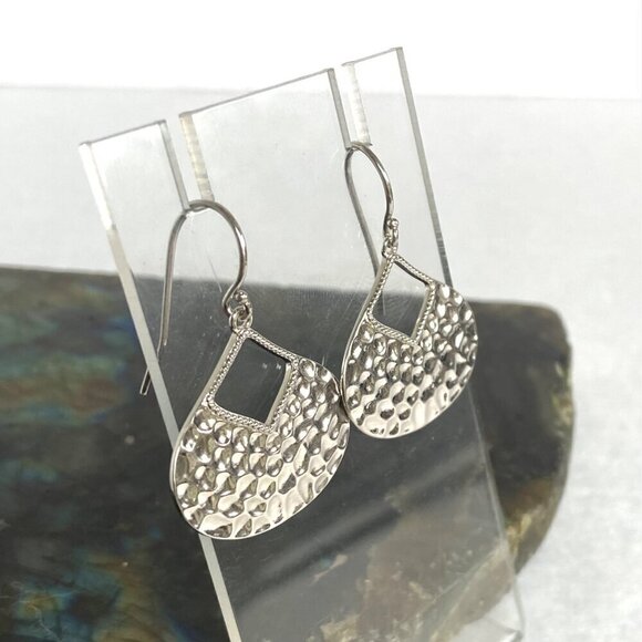 Sterling Silver 925 Teardrop Disc Hammered Dangle Drop Earrings - Picture 11 of 16